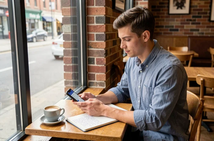 Jeune salarié accédant à l'extranet GTA La Poste depuis son smartphone dans un café