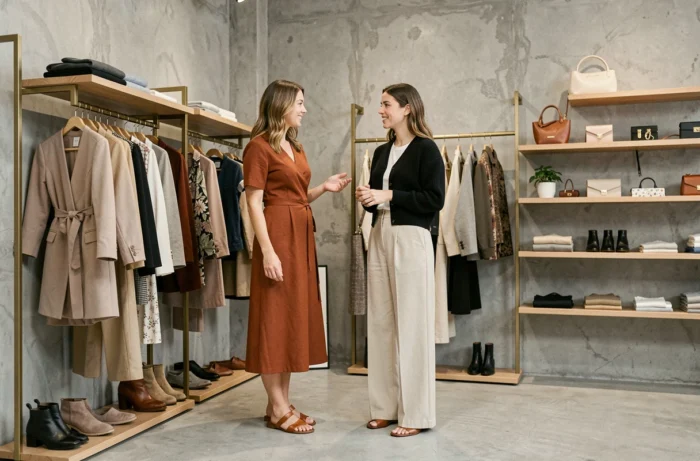 Deux femmes stylées découvrant les nouvelles collections dans un concept store minimaliste, actualités mode 2024