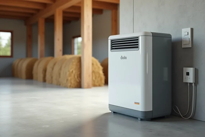 Aérotherme gaz compact installé dans un bâtiment agricole avec thermostat mural numérique