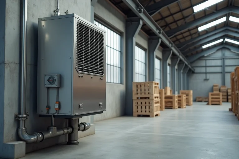 Aérotherme gaz industriel monté en hauteur dans un entrepôt avec tuyaux de raccordement visibles