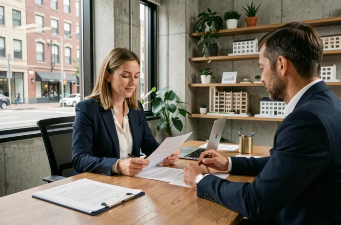 Agent immobilière conseillant un client lors de la signature d'un contrat dans une agence moderne