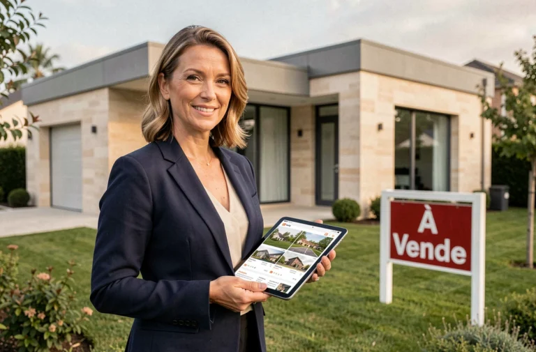 Femme agent immobilier devant une maison moderne à vendre dans un quartier résidentiel