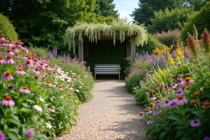 Allée de jardin cottage avec bordures fleuries de dahlias, échinacées et salvia menant vers une pergola en bois