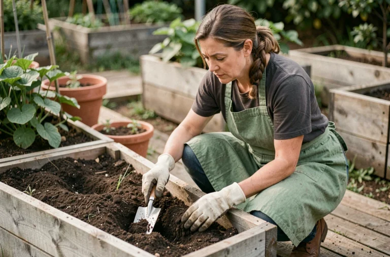 Jardinière préparant un amendement organique naturel dans un potager surélevé en bois, alternative écologique au tourteau de ricin