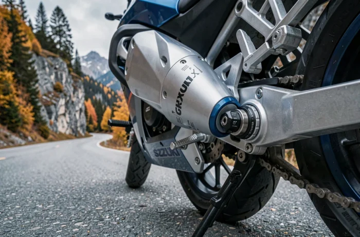 Gros plan sur l'amortisseur arrière réglable d'une Suzuki GSX 600 R sur route de montagne