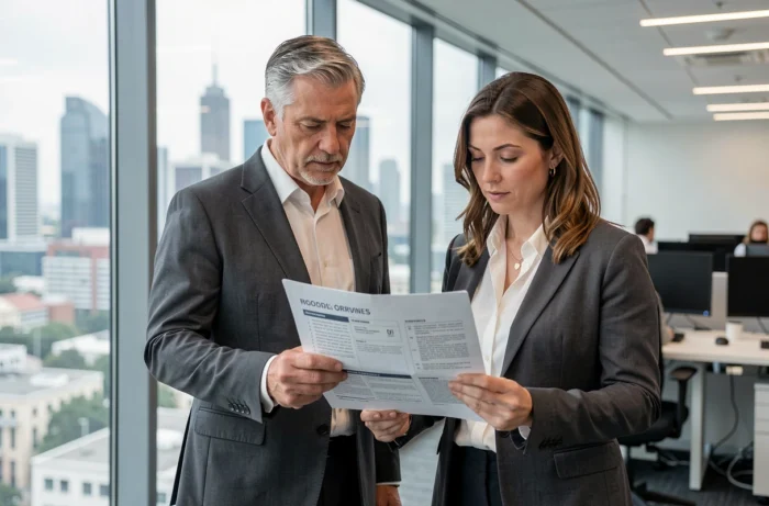 Deux professionnels de la finance analysant un rapport de portefeuille dans un bureau moderne avec vue sur la ville