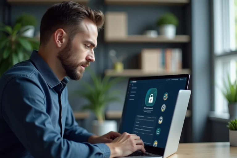 Un professionnel analysant la fiabilité d'un site web sur son ordinateur portable dans un bureau moderne