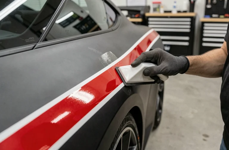 Technicien appliquant une bande vinyle motorsport rouge et blanche sur la carrosserie d'une voiture de sport noire mate en atelier