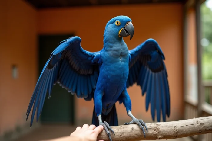 Ara hyacinthe aux plumes bleu cobalt dans un sanctuaire animalier brésilien