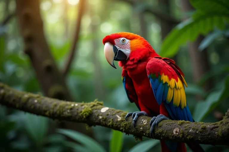 Ara rouge aux plumes écarlates perché sur une branche mousseuse en forêt tropicale