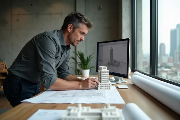 Architecte manipulant une maquette 3D imprimée dans un studio moderne avec des plans et des écrans affichant des modèles architecturaux numériques