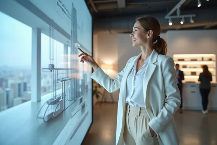 Jeune architecte présentant un rendu 3D d'un bâtiment futuriste sur un grand écran tactile dans un bureau d'architecture moderne