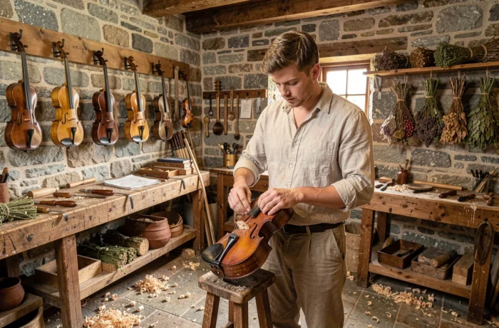 Artisan breton assemblant une bombarde dans un atelier traditionnel en pierre avec des outils en bois et des instruments suspendus