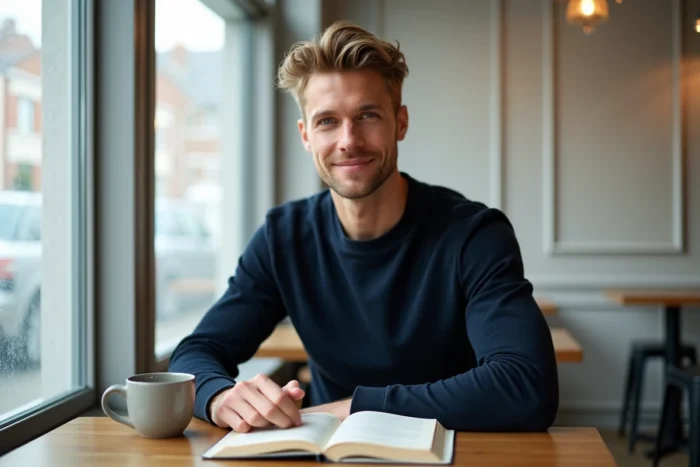 Jeune homme séduisant assis dans un café scandinave, représentant les idéaux de beauté masculine contemporaine