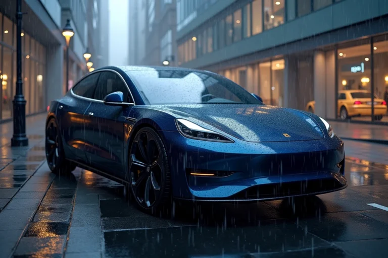 Berline électrique 2024 garée dans une rue urbaine sous la pluie, reflétant l'architecture moderne dans sa carrosserie bleu nuit