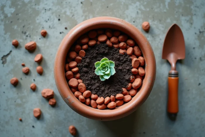 Vue du dessus d'un pot en céramique avec des billes d'argile couvrant le terreau autour d'une plante succulente sur un balcon en béton