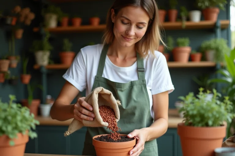 Femme versant des billes d'argile sur du terreau dans un pot en terre cuite sur un établi de jardinage