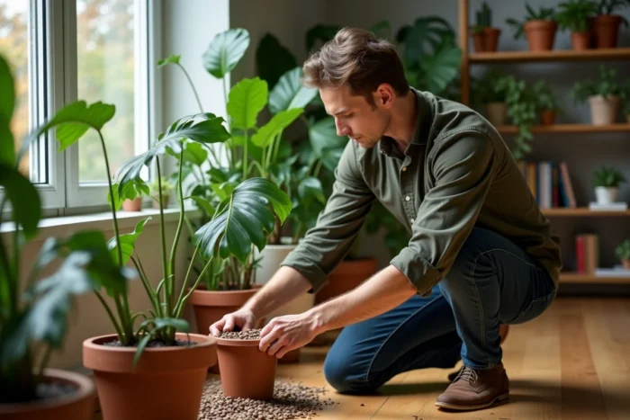 Homme ajoutant des billes d'argile sur la surface du terreau d'un monstera en intérieur dans un appartement moderne