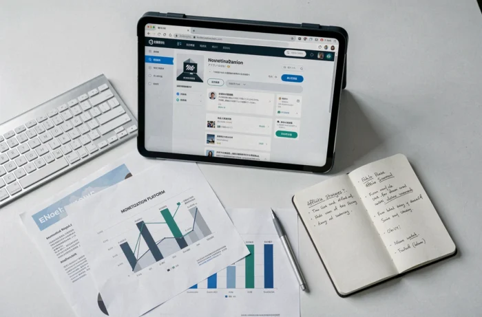 Vue de dessus d'un bureau épuré avec tablette affichant une plateforme de monétisation de liens et des rapports analytiques imprimés