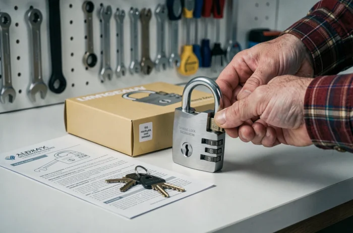 Gros plan d'un cadenas à double verrouillage avec ses clés et sa notice d'installation sur un établi