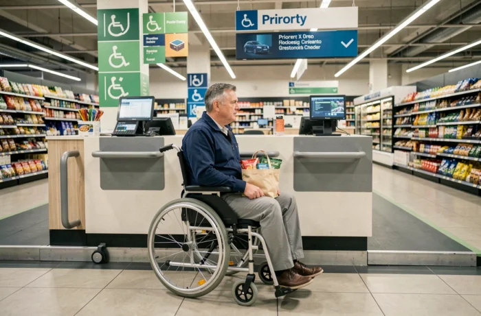 Un homme en fauteuil roulant à une caisse prioritaire et accessible dans un supermarché moderne, illustrant les droits des personnes à mobilité réduite
