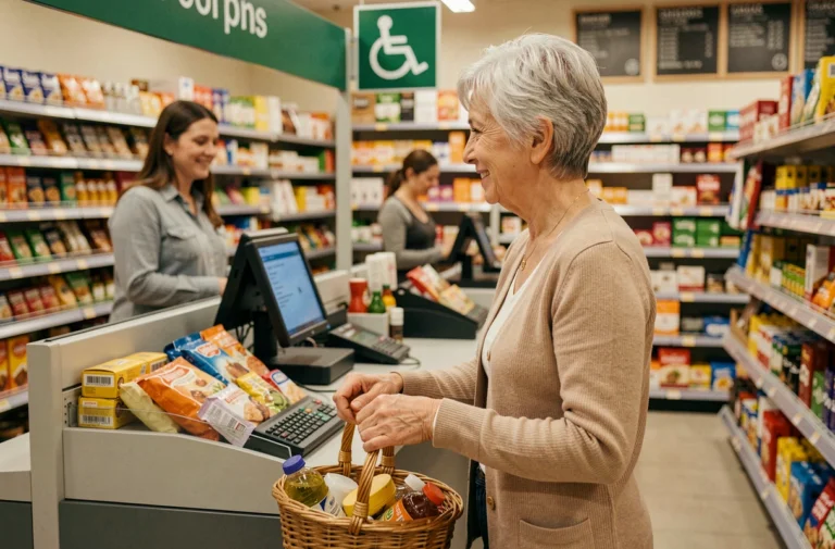 Une femme âgée utilisant une caisse prioritaire dans un supermarché français, avec panneau de signalisation visible au-dessus de la caisse