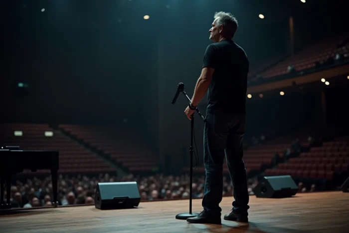 Chanteur seul sur scène vide face à une salle sans public, symbolisant les annulations de tournées liées à des problèmes de santé