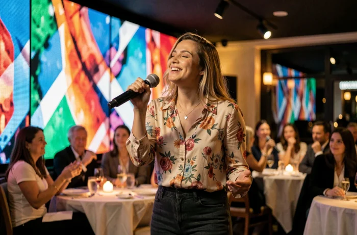 Femme chantant sur scène dans un restaurant karaoké à Lyon avec écrans LED colorés en arrière-plan
