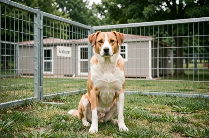 Un chien à adopter assis dans un enclos extérieur propre d'un refuge pour animaux