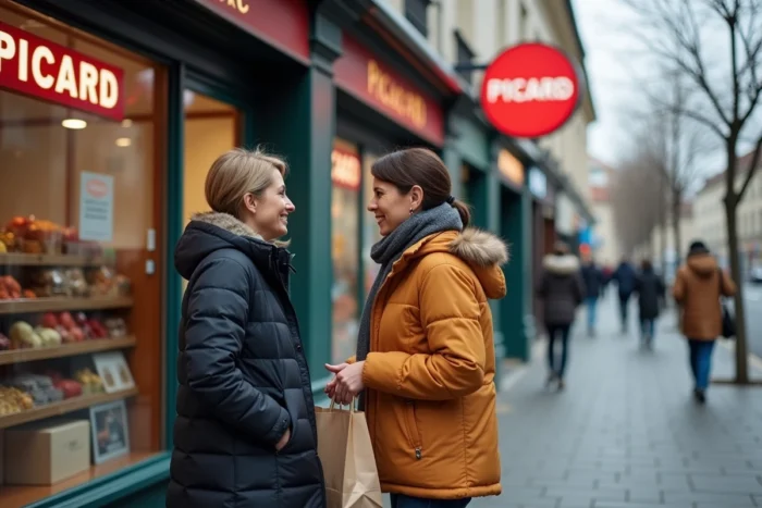Deux femmes discutant devant une boutique de surgelés Picard dans une rue commerçante française