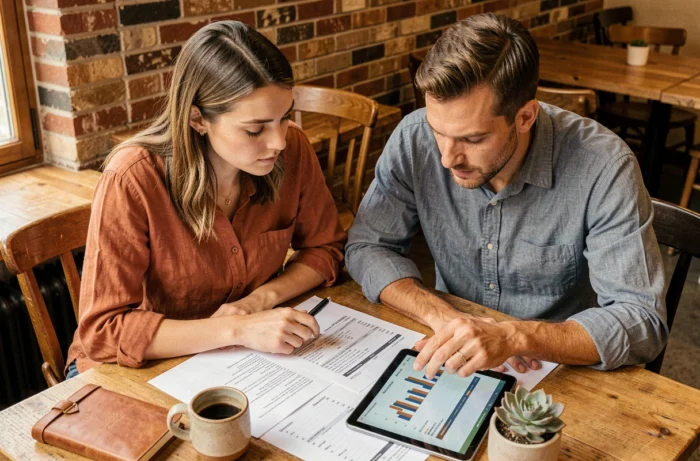 Deux cofondateurs de startup examinant des rapports financiers ensemble dans un café avec documents et tablette