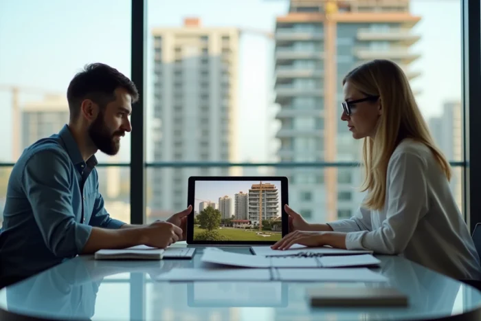 Deux architectes collaborant autour d'une visualisation 3D d'un complexe résidentiel moderne sur une tablette numérique lors d'une réunion professionnelle