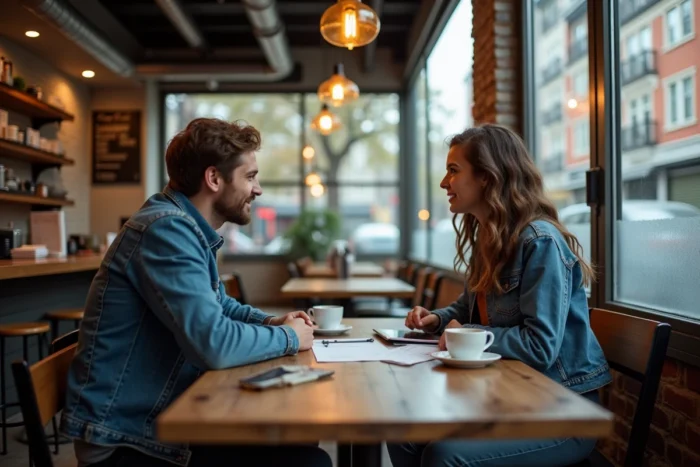 Deux entrepreneurs collaborant autour d'un projet à petit budget dans un café indépendant