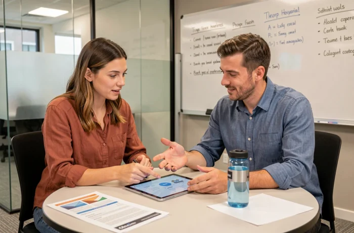 Deux collègues collaborant sur des services numériques pour entreprises dans une salle de réunion moderne