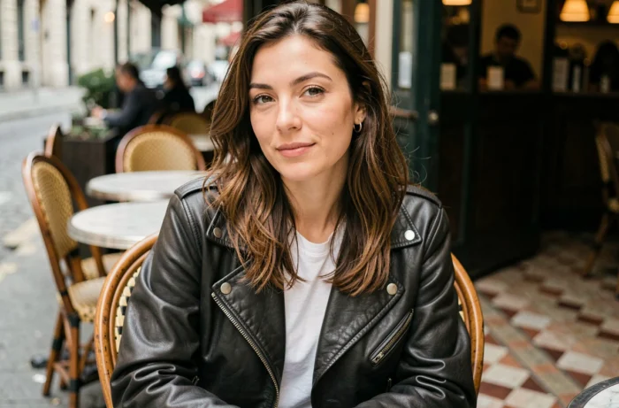 Femme élégante de rappeur français assise en terrasse de café parisien, style urbain chic et naturel