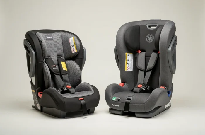Comparaison de deux sièges auto homologués côte à côte, un siège dos à la route et un rehausseur à dossier avec fixation ISOFIX