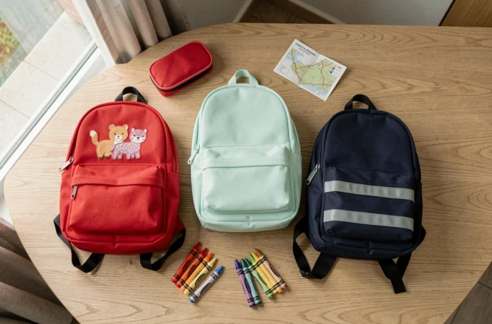 Comparatif de trois cartables de maternelle différents posés sur une table en bois avec des fournitures scolaires