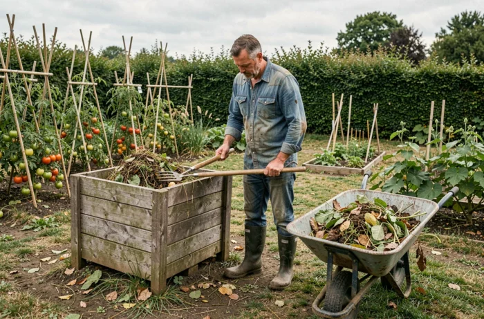 Jardinier retournant du compost dans un bac en bois au jardin potager, pratique naturelle de fertilisation en remplacement des engrais chimiques