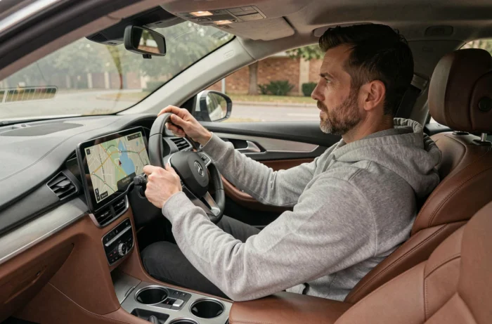Homme au volant consultant le GPS de son tableau de bord lors d'un voyage en voiture