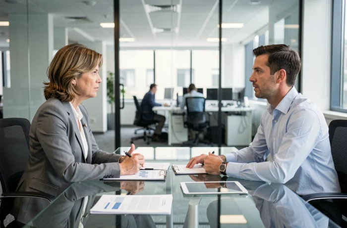 Entretien de conseil en formation professionnelle entre un coach carrière et une cadre dans une salle de réunion moderne