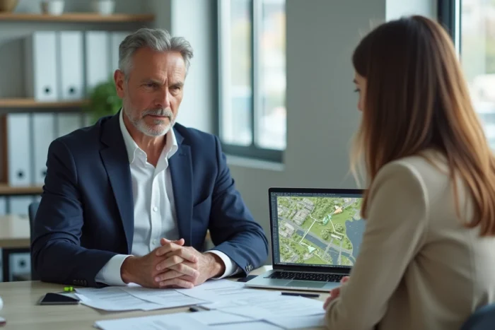 Conseiller immobilier présentant un contrat d'achat de parcelle en PRL à une cliente dans une agence
