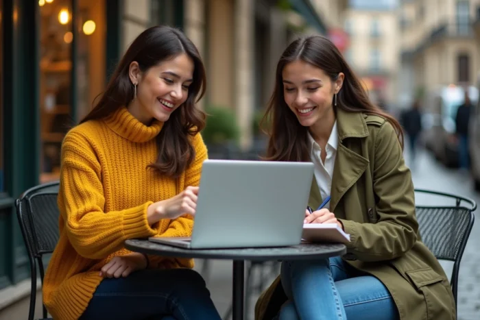 Deux femmes discutant de la revente de vêtements sur Zalando Seconde Main en terrasse de café
