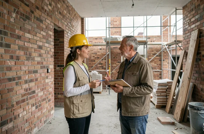Consultante en construction conseillant un propriétaire sur un chantier de rénovation résidentielle en cours