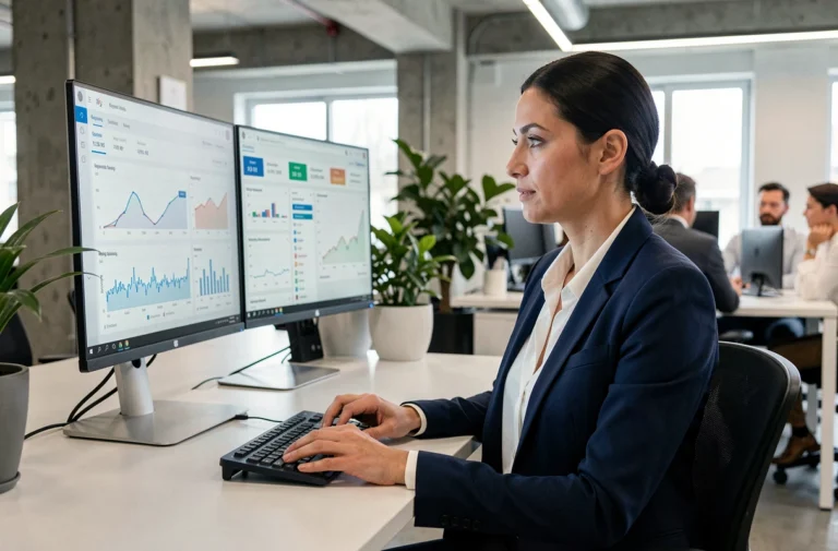 Consultante SEO professionnelle analysant des tableaux de bord de référencement naturel sur deux écrans dans un bureau moderne