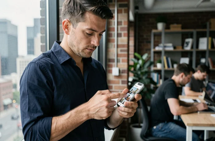 Homme consultant des profils Instagram sur smartphone sans connexion de compte dans un espace de coworking urbain