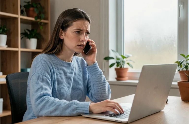 Jeune femme contactant le support technique de MyCampus Eduservices par téléphone depuis son bureau à domicile