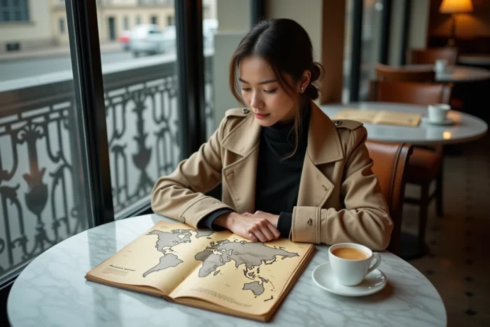 Jeune femme dans un café parisien consultant une carte des fuseaux horaires et un carnet de voyage pour organiser ses rendez-vous internationaux avec New York