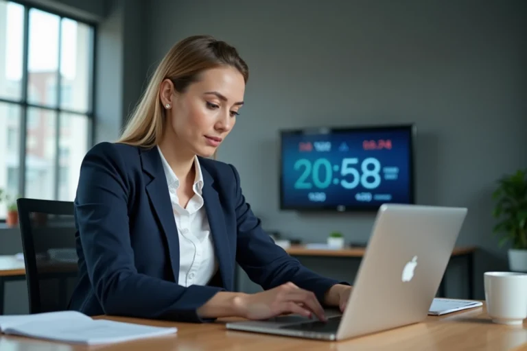 Femme professionnelle consultant une application d'horloge mondiale sur son ordinateur portable dans un bureau moderne pour coordonner des rendez-vous internationaux entre New York et Paris