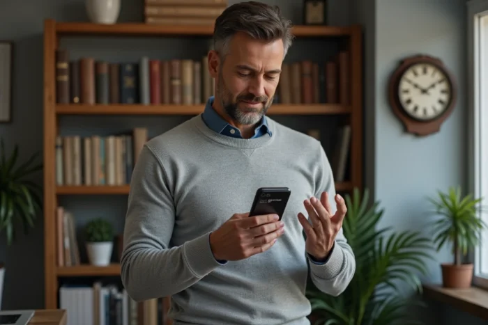 Homme en télétravail utilisant une application convertisseur de fuseaux horaires sur smartphone pour planifier un appel professionnel avec New York depuis son bureau à domicile