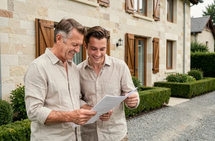 Couple de quadragénaires devant leur future maison consultant des documents immobiliers